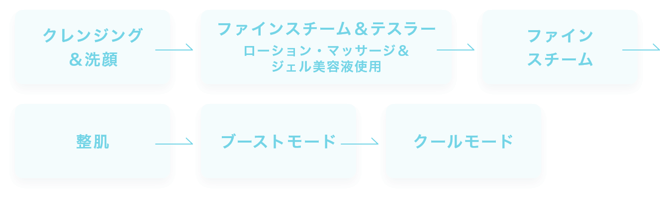クレンジング＆洗顔 → ファインスチーム＆テスラー クレンシング＆マッサージ使用 → スチーム → 整肌 ブーストモード → クールモード